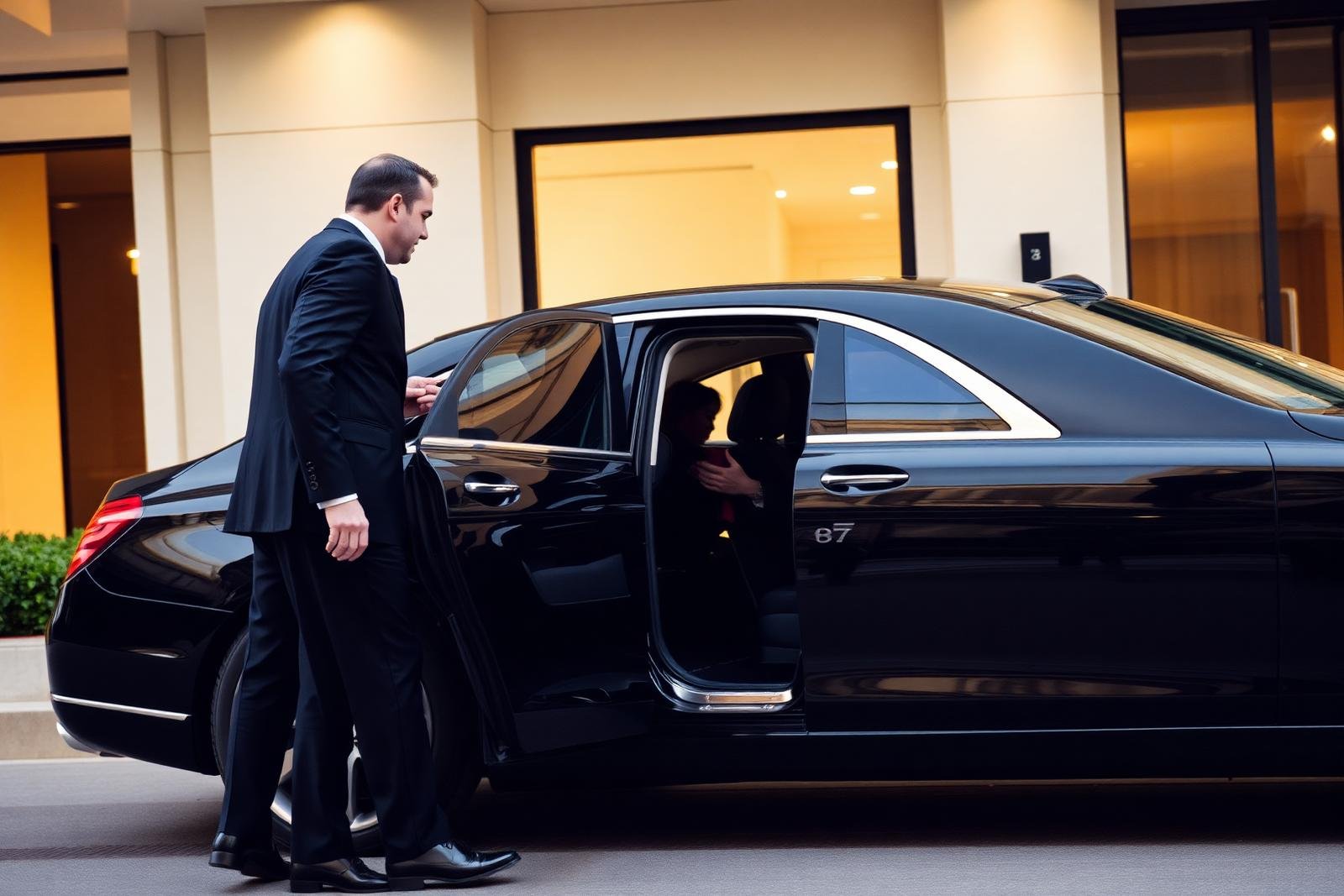 Motorista profissional recebendo hóspede em hotel de luxo
